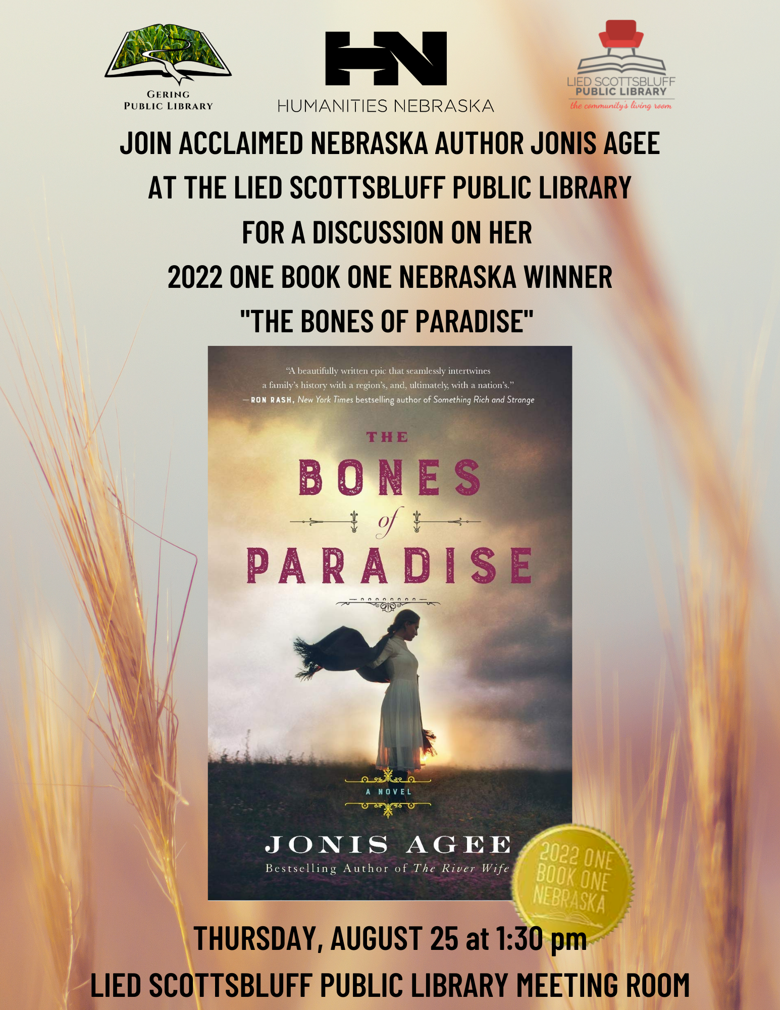 A flyer about the upcoming visit by author Jonis Agee at the Scottsbluff Library at 1:30 August 25.